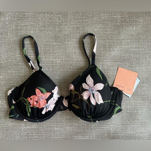 Shade & Shore Other - Shade & Shore Black Floral Bikini top Size 34C Removable pads